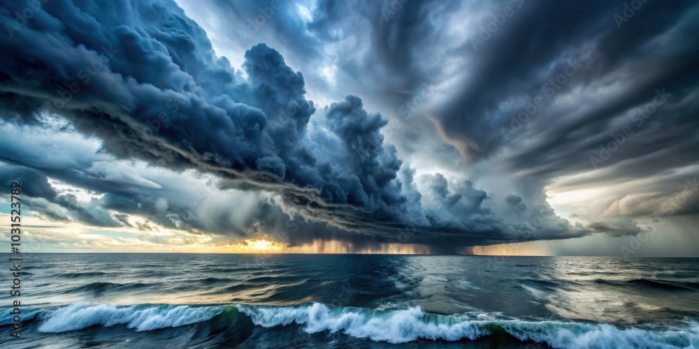 Fototapeta premium Dramatic storm clouds gathering over a turbulent sea, storm, sea, clouds, weather, nature, powerful, dramatic, dark, waves