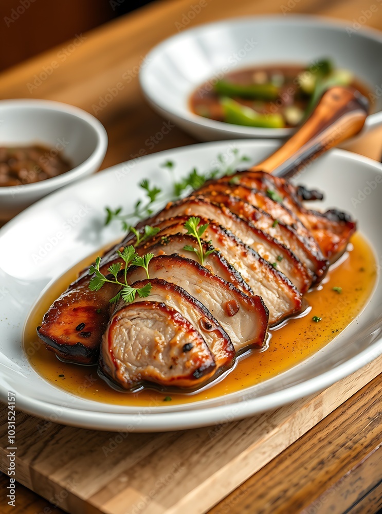 Delicious baked pork belly served with sauce and parsley Delicious baked pork belly served with sauce and parsley