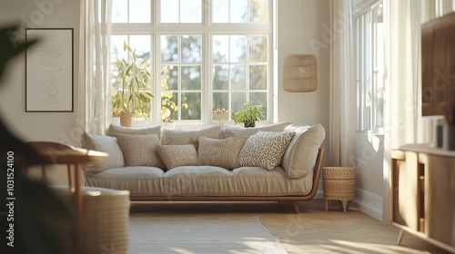 Modern living room interior design with beige sofa, natural light and wooden furniture.