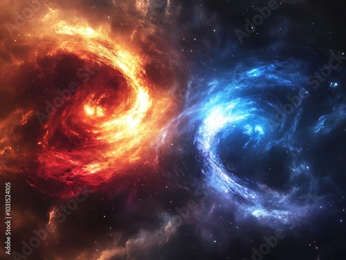 Cosmic Fire and Ice Abstract Nebula with Red and Blue Swirls in Space