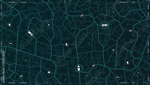 Abstract GPS navigation, smart car location and map pointer. City map featuring directional signs, an intended goal point and multiple markers. Vector illustration with route, alternative paths.