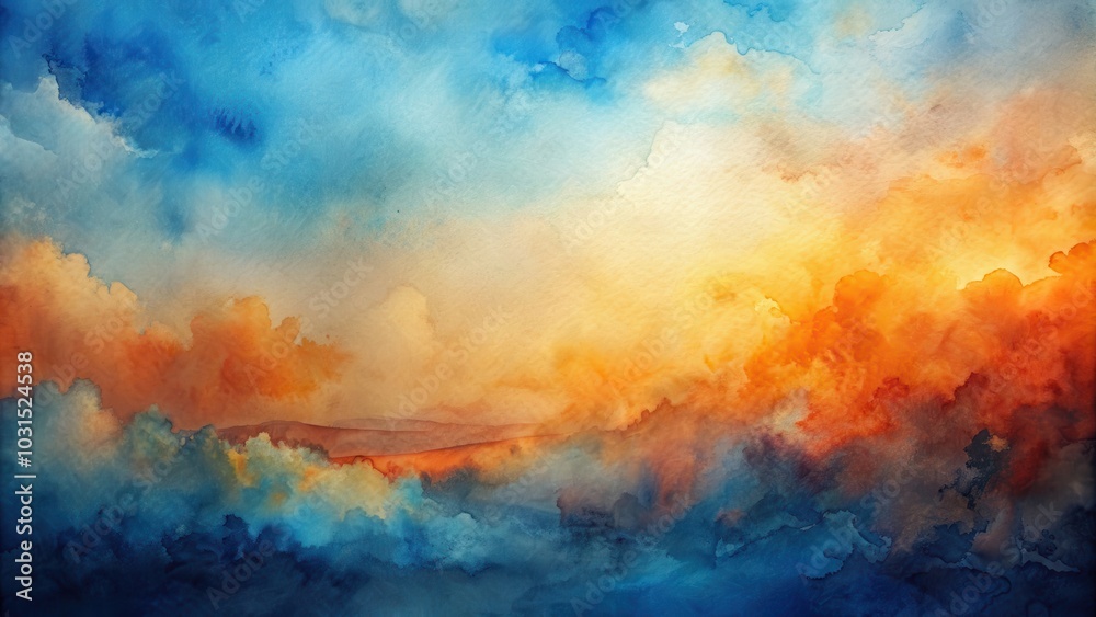 Obraz premium Moody watercolor painting with warm orange and cool blue tones on paper texture , abstract, artistic, blend, watercolor, painting