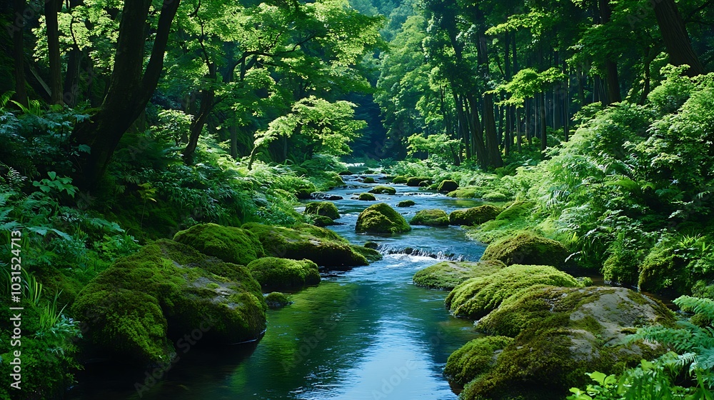 Lush Green Forest Stream with Moss Covered Rocks Lush Green Forest Stream with Moss Covered Rocks