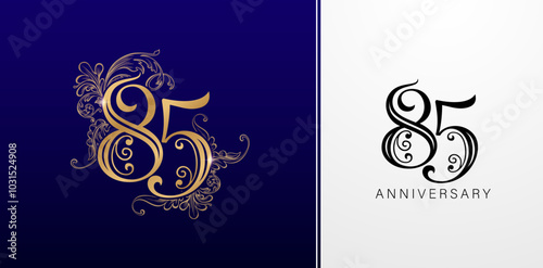 85 years anniversary celebration logotype with golden colors and floral elements for greeting cards, birthday invitations, Wedding anniversary,  banner and celebration company or business corporate