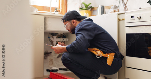 Plumbing, house and handyman with clipboard, maintenance or service with contractor. Employee, expert or repair with checklist, inspection or quality control with industry, home renovation or writing