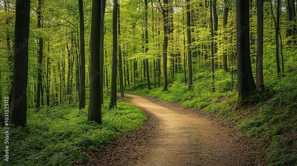Serene Forest Pathway Through Lush Green Trees Serene Forest Pathway Through Lush Green Trees