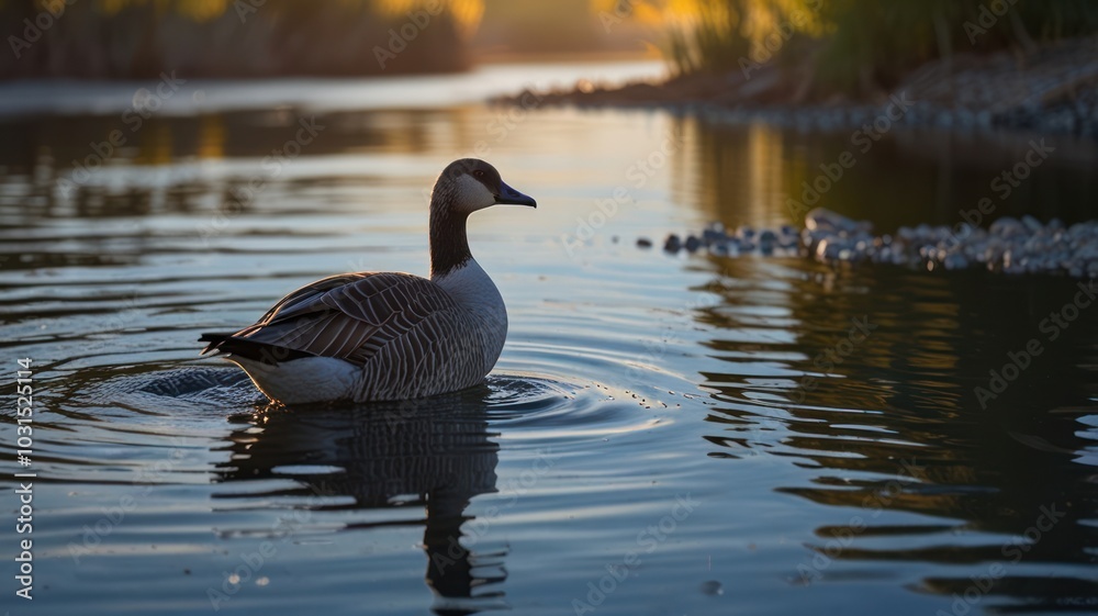 A lone goose swims in a calm pond at sunset, creating ripples in the water. A lone goose swims in a calm pond at sunset, creating ripples in the water.