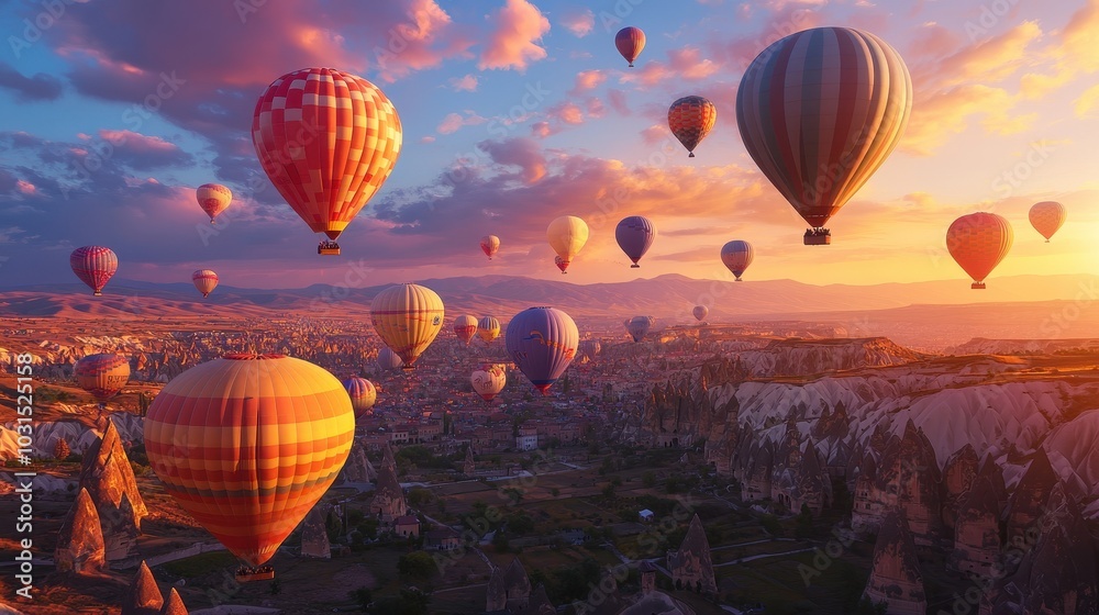 Naklejka premium Hot Air Balloon Ride Over Cappadocia, Turkey at Sunset.