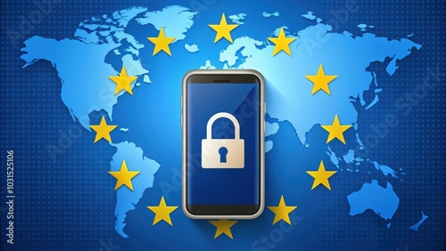 Smartphone with padlock and EU flag, map, GDPR, DORA, and ePrivacy symbols, Padlock, EU flag, smartphone, map, GDPR photo