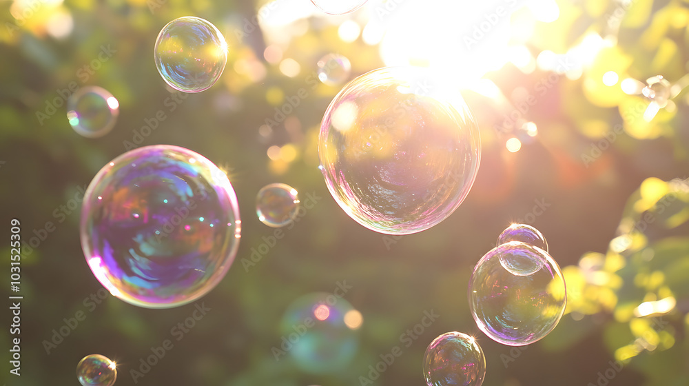 Clear soap bubbles drifting in the air with sunlight reflecting rainbow colors Clear soap bubbles drifting in the air with sunlight reflecting rainbow colors
