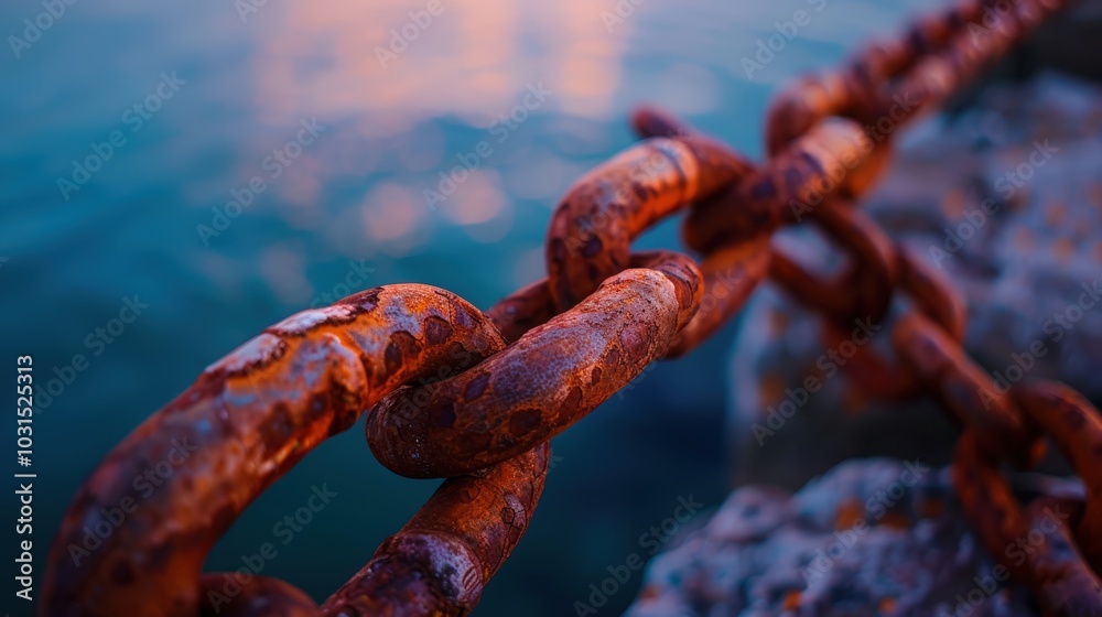 Rusty Chain Link on Water Surface at Sunset Rusty Chain Link on Water Surface at Sunset