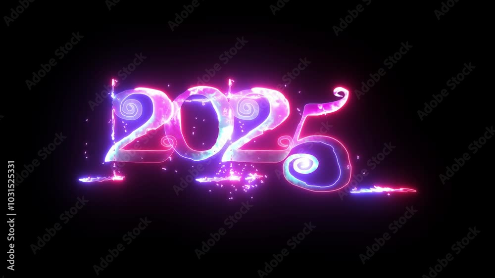 Bright shiny trendy style text 2025, happy new year 2025, Glowing neon animated 2025 celebrating the new year