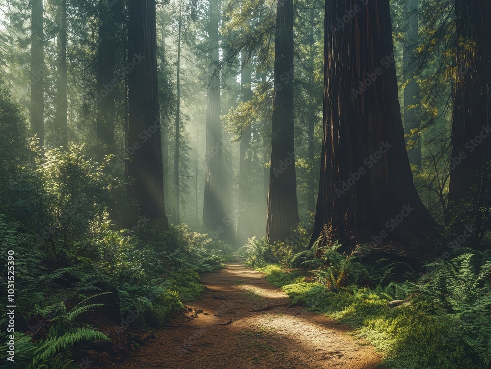 Obraz premium Sunbeams Through Tall Redwood Trees in Foggy Forest with Path - Redwood National Park, California.