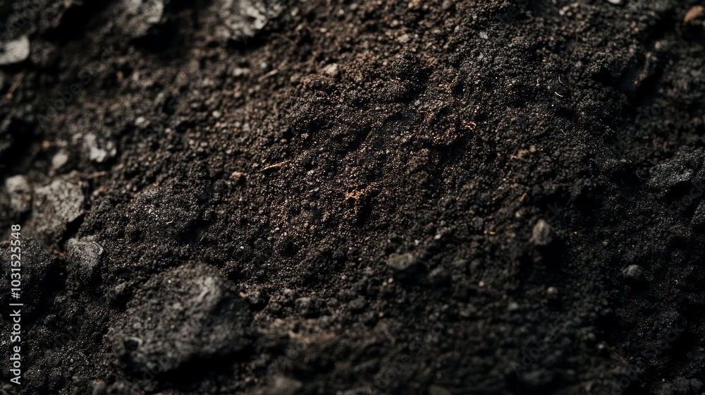 Close-up of biochar black soil texture, showing rich, dark, and fertile earth.