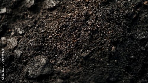 Close-up of biochar black soil texture, showing rich, dark, and fertile earth.