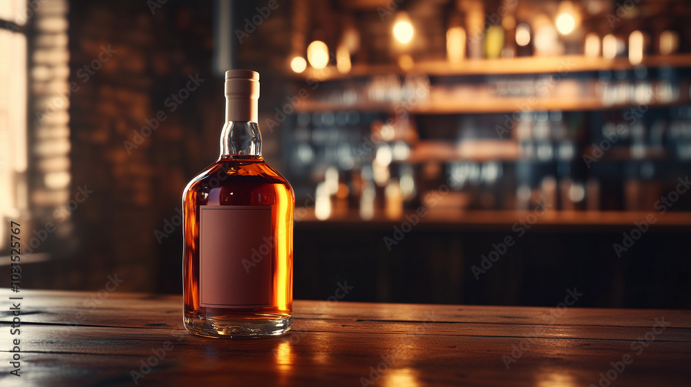 transparent rum bottle mockup without label on wooden table, cafe bar background, Ai generated images transparent rum bottle mockup without label on wooden table, cafe bar background, Ai generated images