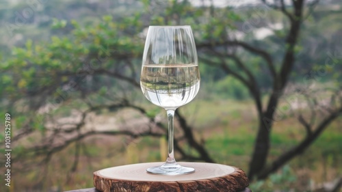 Wine glass filled with water symbolizing dry January, representing a month of sobriety photo