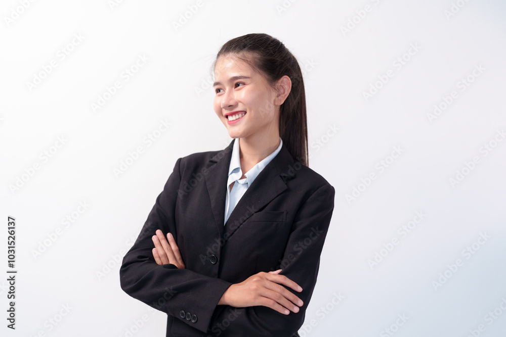 Smiling Beautiful asian young Business woman on a white background. Asian female company worker smiling confident and cheerful Smiling Beautiful asian young Business woman on a white background. Asian female company worker smiling confident and cheerful
