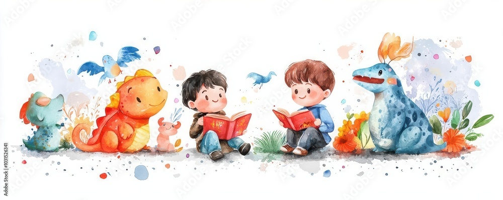 Naklejka premium Inspiring storytime with fantasy creatures, kids imagining magical worlds, flat design illustration