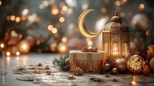 Sophisticated Ramadanthemed design concept displaying a gift box a traditional lantern and a gold crescent moon on a white background creating a serene atmosphere with space for custom text photo