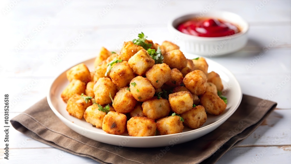 Crispy golden tater tots served on a white plate with fresh herbs and a side of ketchup for a delicious snack Crispy golden tater tots served on a white plate with fresh herbs and a side of ketchup for a delicious snack