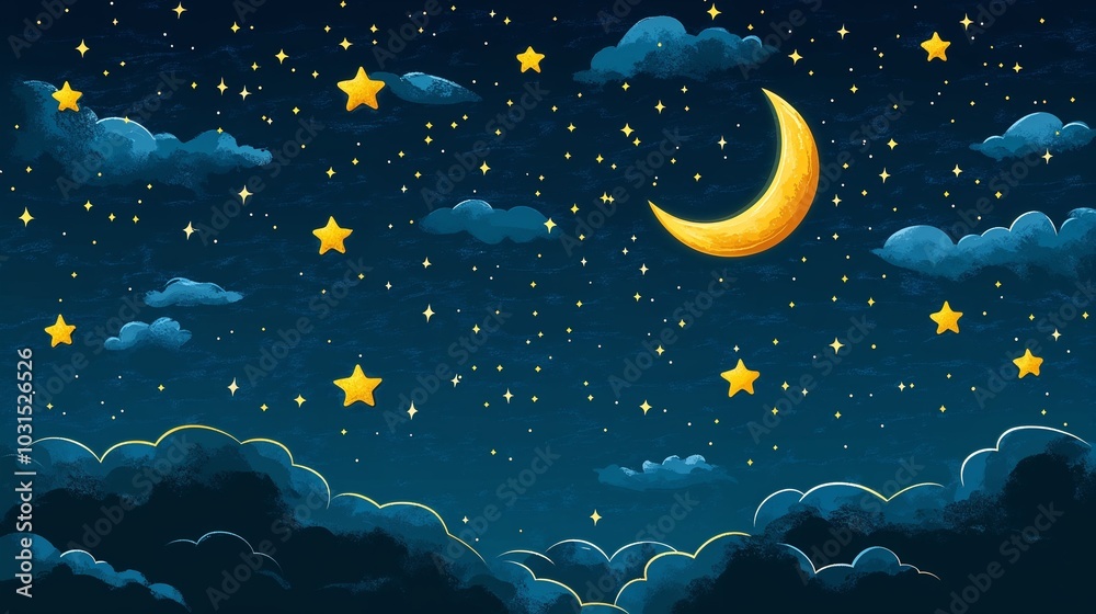 Crescent moon and stars in a starry night sky illustration Stock ...