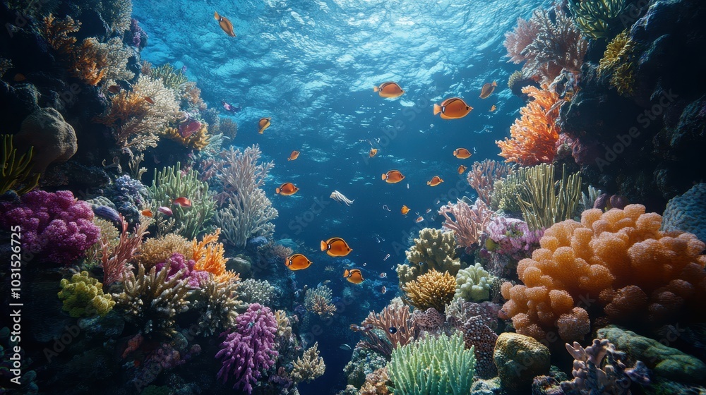Fototapeta premium Vibrant Underwater Coral Reef Scene with Tropical Fish, Sunlight, and Diverse Marine Life.