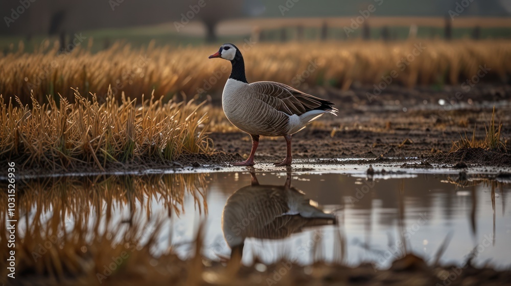 A goose stands in a muddy puddle with its reflection visible, surrounded by dry grass. A goose stands in a muddy puddle with its reflection visible, surrounded by dry grass.
