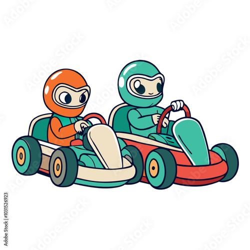 Kart Racing Rivals:  Two cartoon racers, one in orange and one in green, compete for the lead in their go-karts, a vibrant and playful illustration of friendly rivalry. 