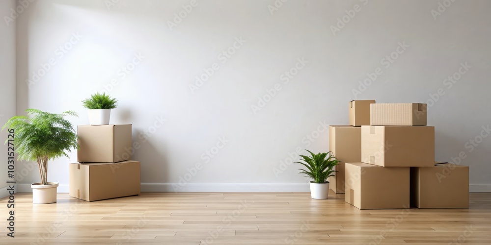 Umzugskartons in einer leeren Wohnung vor einer wei?en Wand , moving boxes, cardboard boxes Umzugskartons in einer leeren Wohnung vor einer wei?en Wand , moving boxes, cardboard boxes