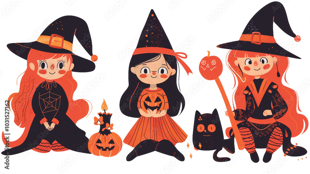 Little witch girls dressed in cute halloween costumes, carrying broomsticks and wearing adorable witch hats. Transparent background illustration perfect for spooky october celebrations.