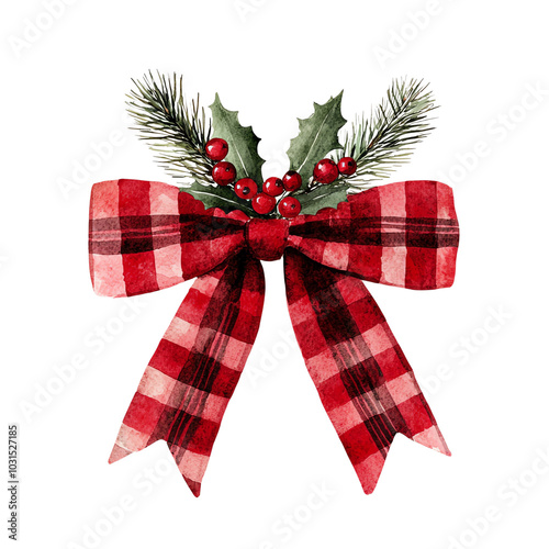 A festive red plaid bow adorned with pine branches and berries, perfect for holiday decorations and seasonal crafts.