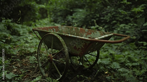 Abandoned Wheelbarrow Among Lush Greenery