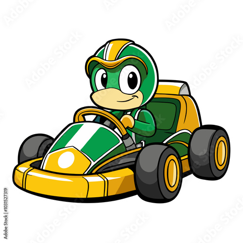 Green Racing Mascot: This cheerful cartoon character is ready to race, showcasing a vibrant green and yellow kart, a determined expression, and a helmet for safety.