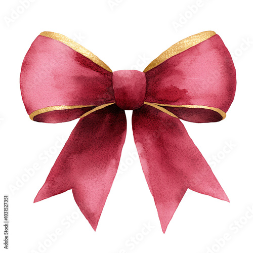 Elegant watercolor bow in rich burgundy with golden accents, perfect for gift wrap and festive decorations.