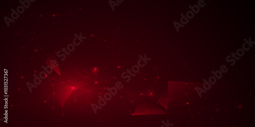 Vector molecule. Abstract internet network connection design for web site. Digital data, communication, science and futuristic concept. Network Connected lines with dots, technology on red background