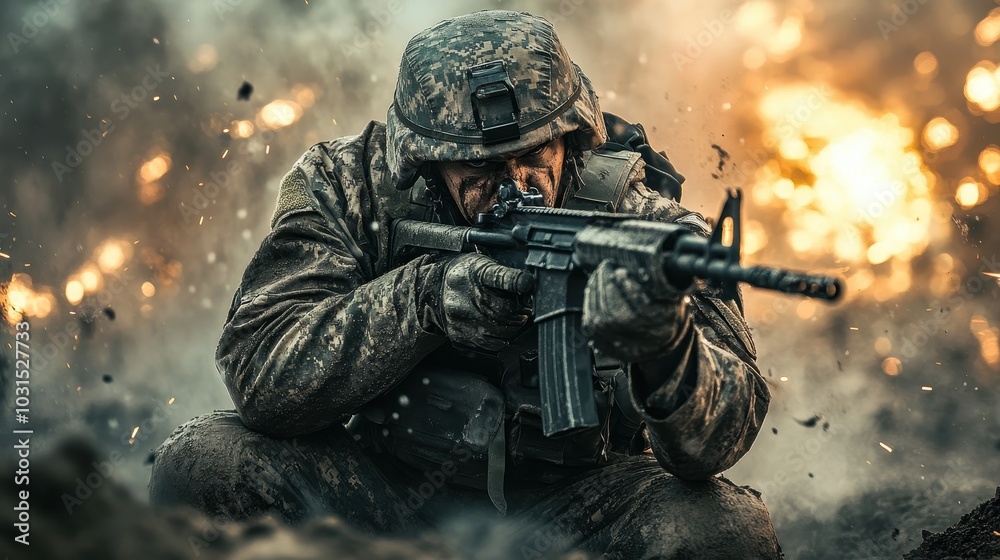 Soldier in Camouflage Uniform Aiming Rifle with Smoke and Explosions in Background. Soldier in Camouflage Uniform Aiming Rifle with Smoke and Explosions in Background.