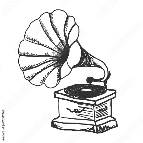 Vector freehand Gramophone scribble isolated on white background. Texture of writing materials. Handwritten christmases doodles and pencil strokes. 