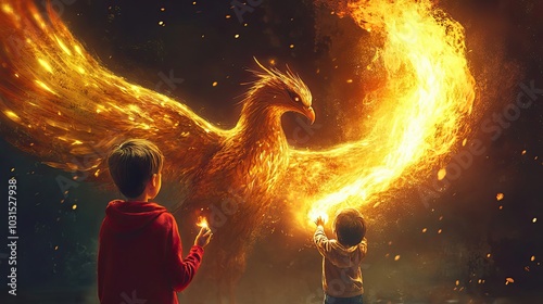 Two Children Witnessing a Fiery Phoenix Soaring in the Night Sky