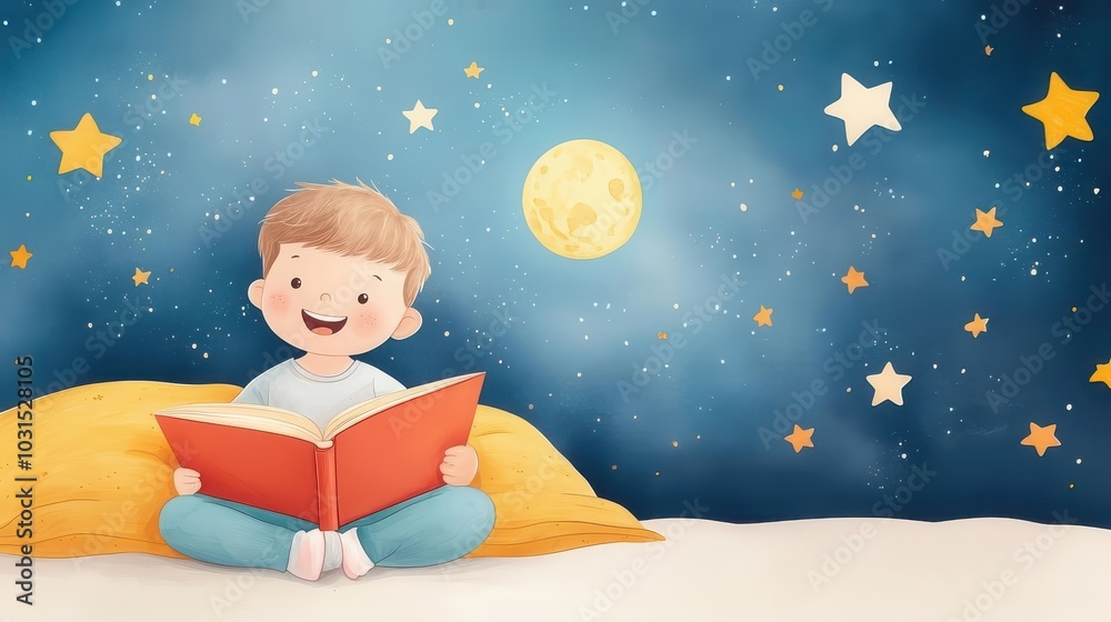 Inspiring bedtime story, child reading with excitement, children book illustration Inspiring bedtime story, child reading with excitement, children book illustration