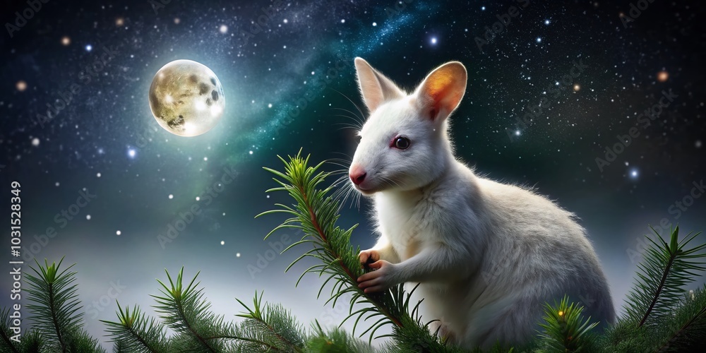 Fototapeta Night Photography of an Australian Rednecked Albino Wallaby Eating Pine Tree Needles in a Park