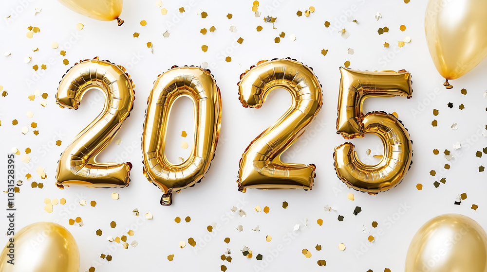 Gold balloon numbers forming '2025' surrounded by confetti and balloons, celebrating the arrival of the new year with festive joy and excitement