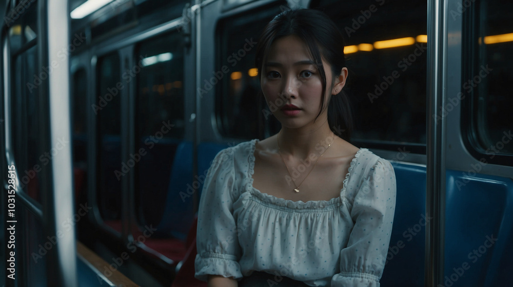 電車の座席に座っている若い女性 電車の座席に座っている若い女性