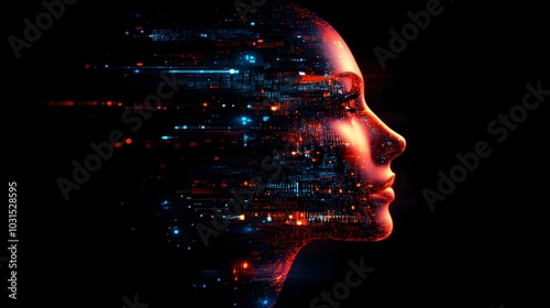 Human face partially transforming into sleek digital components, symbolizing the interface between AI and human intelligence, futuristic glow