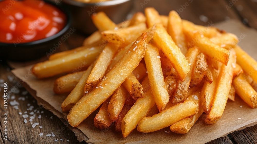 Irresistible Crispy Golden French Fries Deliciously Seasoned Snack with Herbs and Ketchup - Perfectly Cooked Comfort Food Photography Irresistible Crispy Golden French Fries Deliciously Seasoned Snack with Herbs and Ketchup - Perfectly Cooked Comfort Food Photography