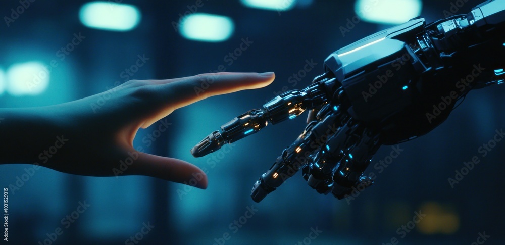 Human and Robot Hand Reaching Out Human and Robot Hand Reaching Out