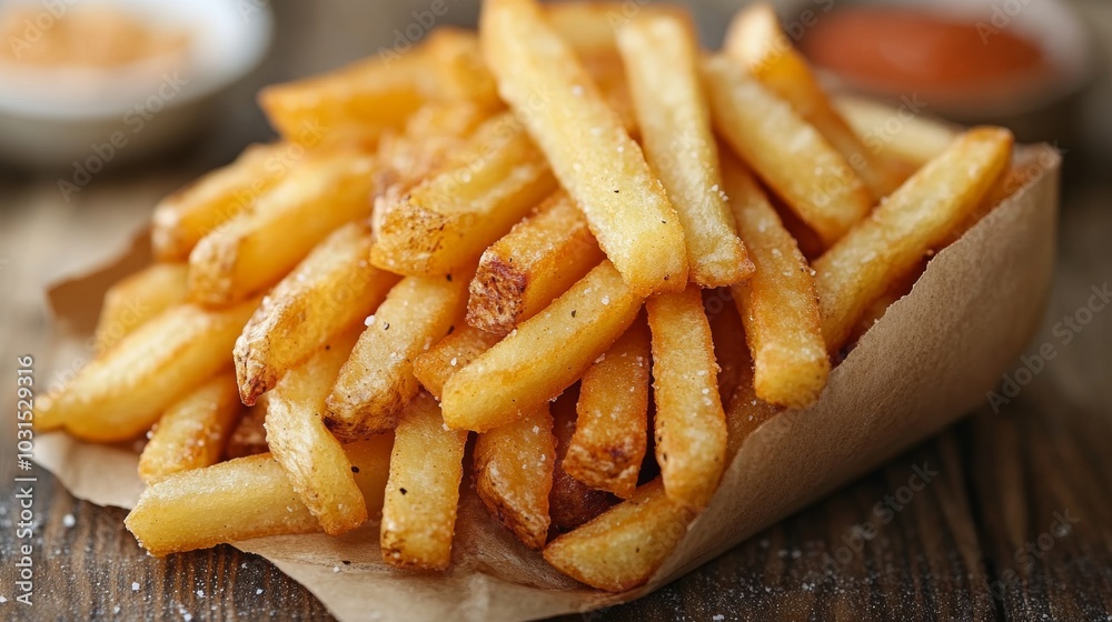 Irresistible Crispy Golden French Fries Deliciously Seasoned Snack with Herbs and Ketchup - Perfectly Cooked Comfort Food Photography