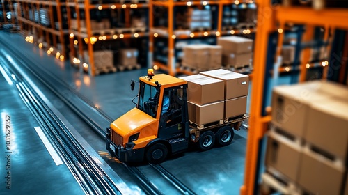 Forklift Transporting Boxes in Warehouse on Conveyor Belt