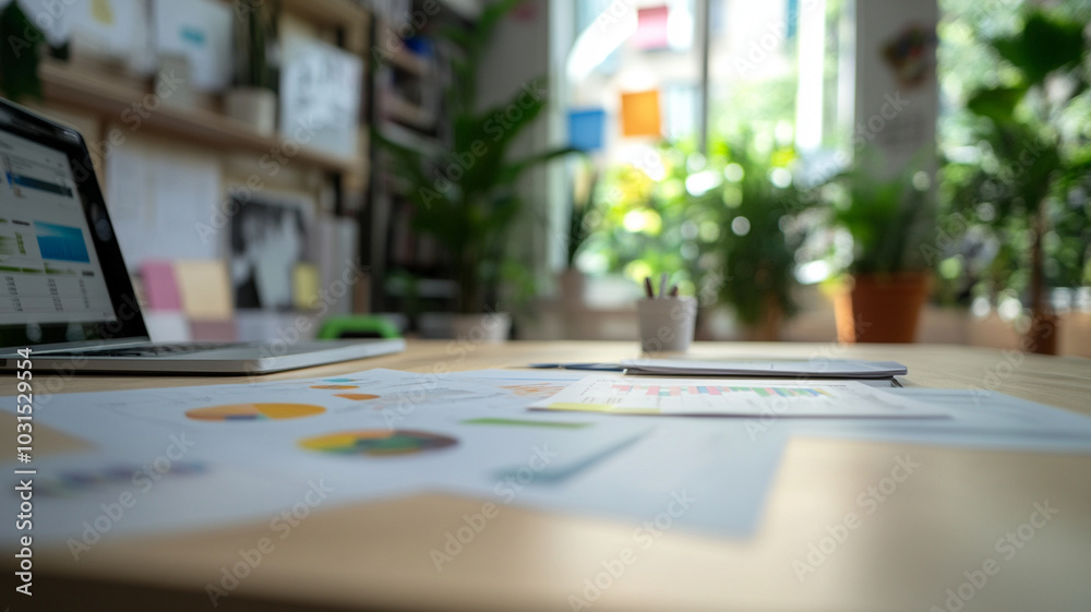 modern workspace with business documents and laptop, showcasing financial data