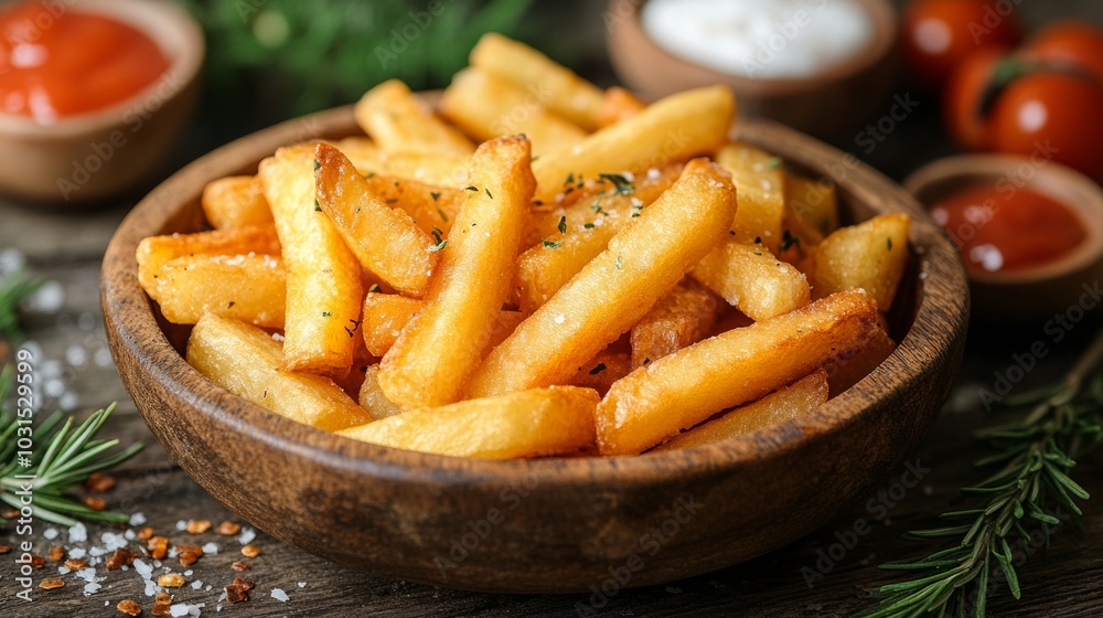 Irresistible Crispy Golden French Fries Deliciously Seasoned Snack with Herbs and Ketchup - Perfectly Cooked Comfort Food Photography Irresistible Crispy Golden French Fries Deliciously Seasoned Snack with Herbs and Ketchup - Perfectly Cooked Comfort Food Photography